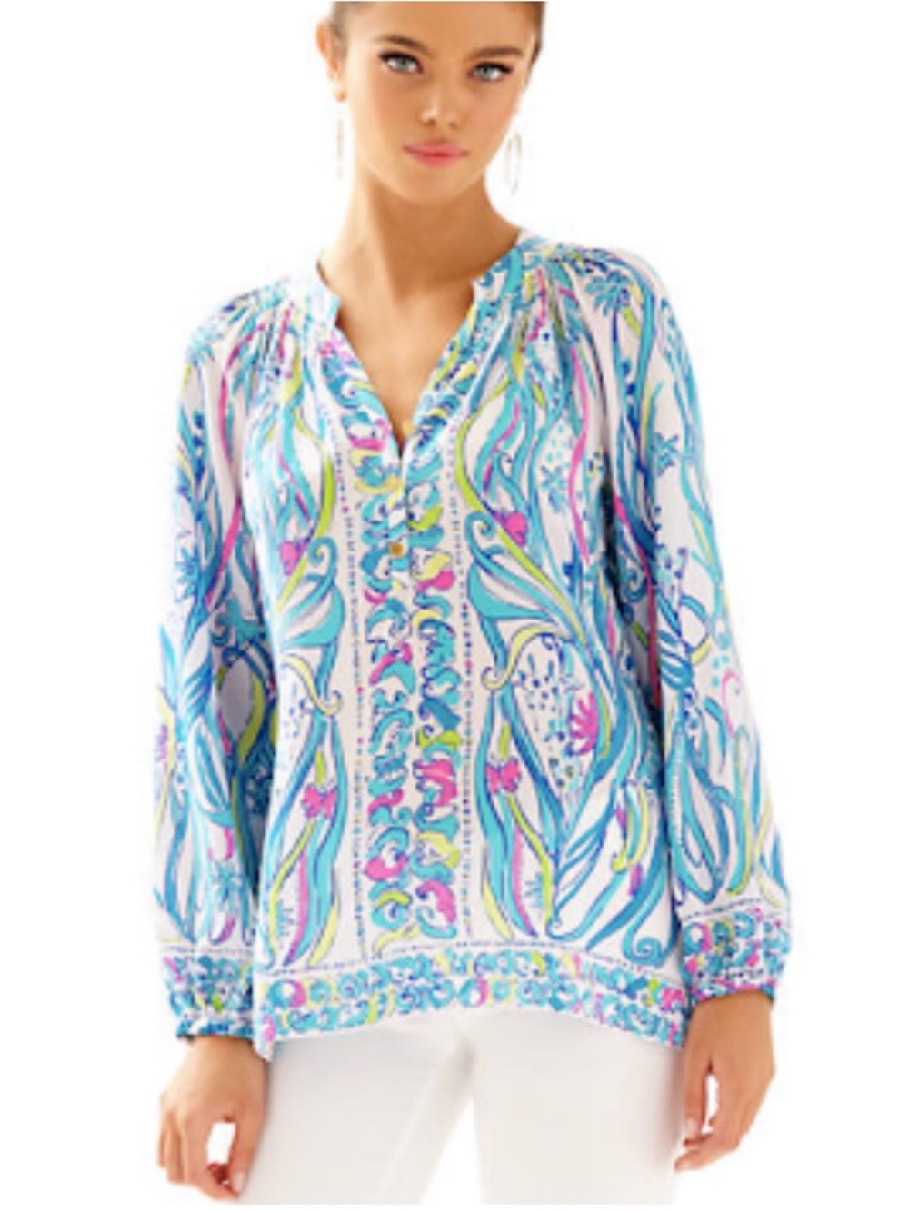 Lilly Pulitzer Elsa Top XXS Resort White Long Story 100% Silk Blouse